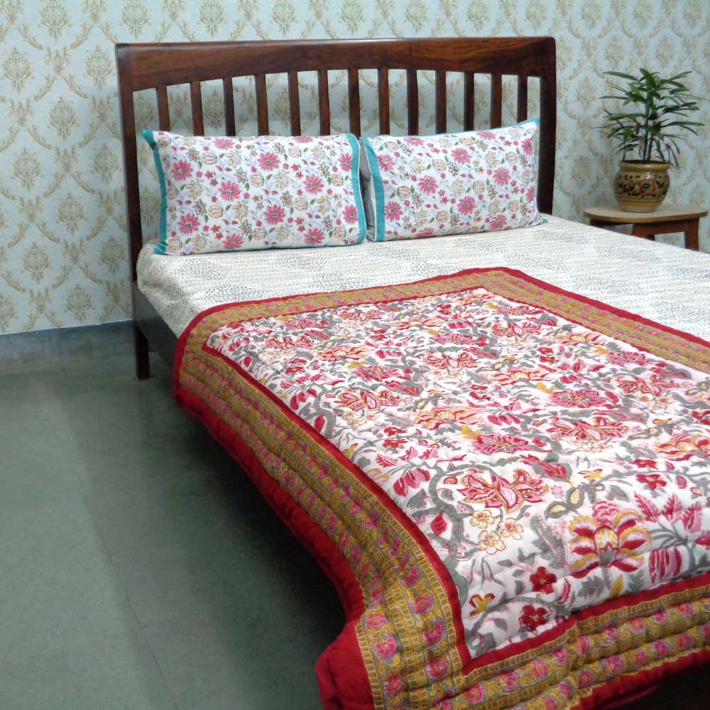 Hand Block Printed Baby Quilt 100x140 cm Jaipur Razai Anarkali Red Gud 201397