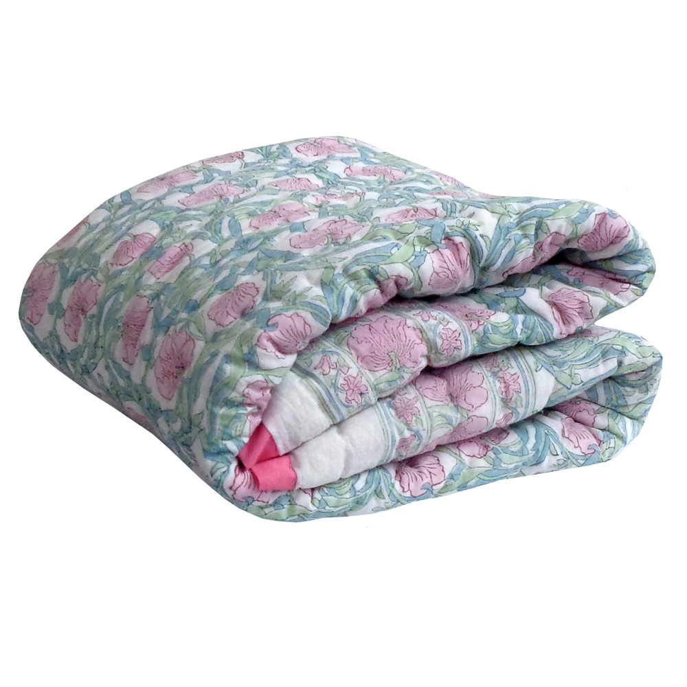 Hand Block Printed Baby Quilt 100x140 cm Jaipur Razai Bauhaus Pink Flower 601774