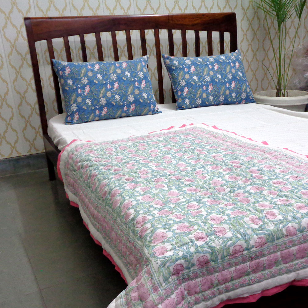 Hand Block Printed Baby Quilt 100x140 cm Jaipur Razai Bauhaus Pink Flower 601774