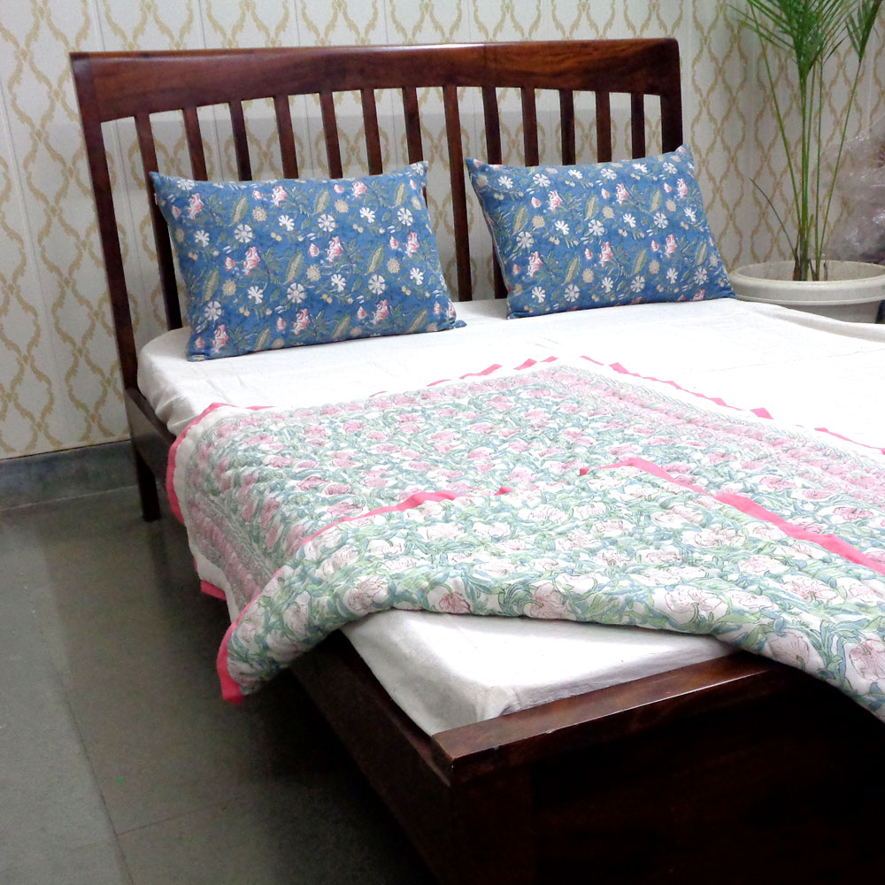 Hand Block Printed Baby Quilt 100x140 cm Jaipur Razai Bauhaus Pink Flower 601774