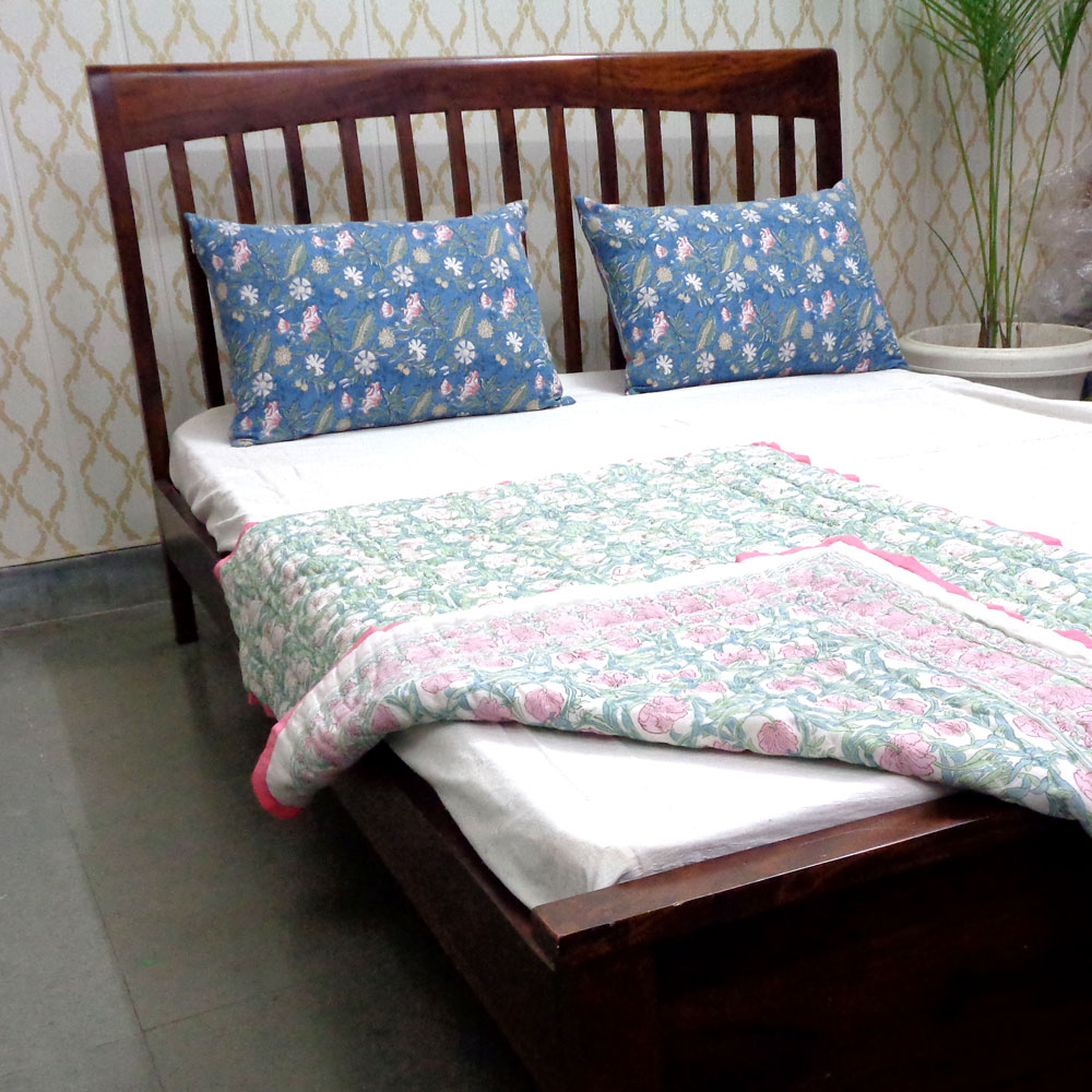Hand Block Printed Baby Quilt 100x140 cm Jaipur Razai Bauhaus Pink Flower 601774