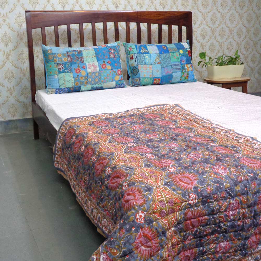 Baby Quilt for Toddler Hand Block Printed Cotton Quilt Bird of Paradise 204645