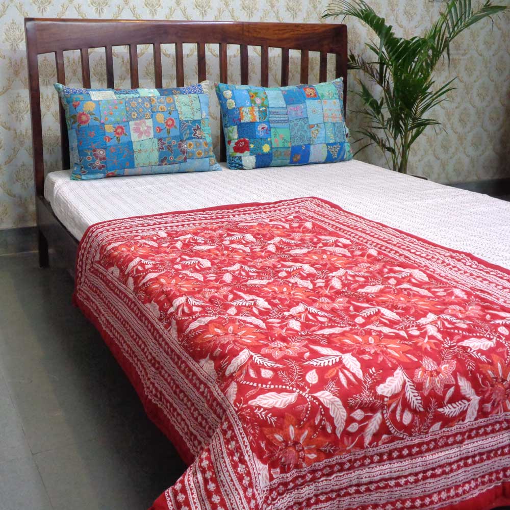 Hand Block Printed Baby Quilt 100x140 cm Jaipur Razai Bossanova Red Gud 208858