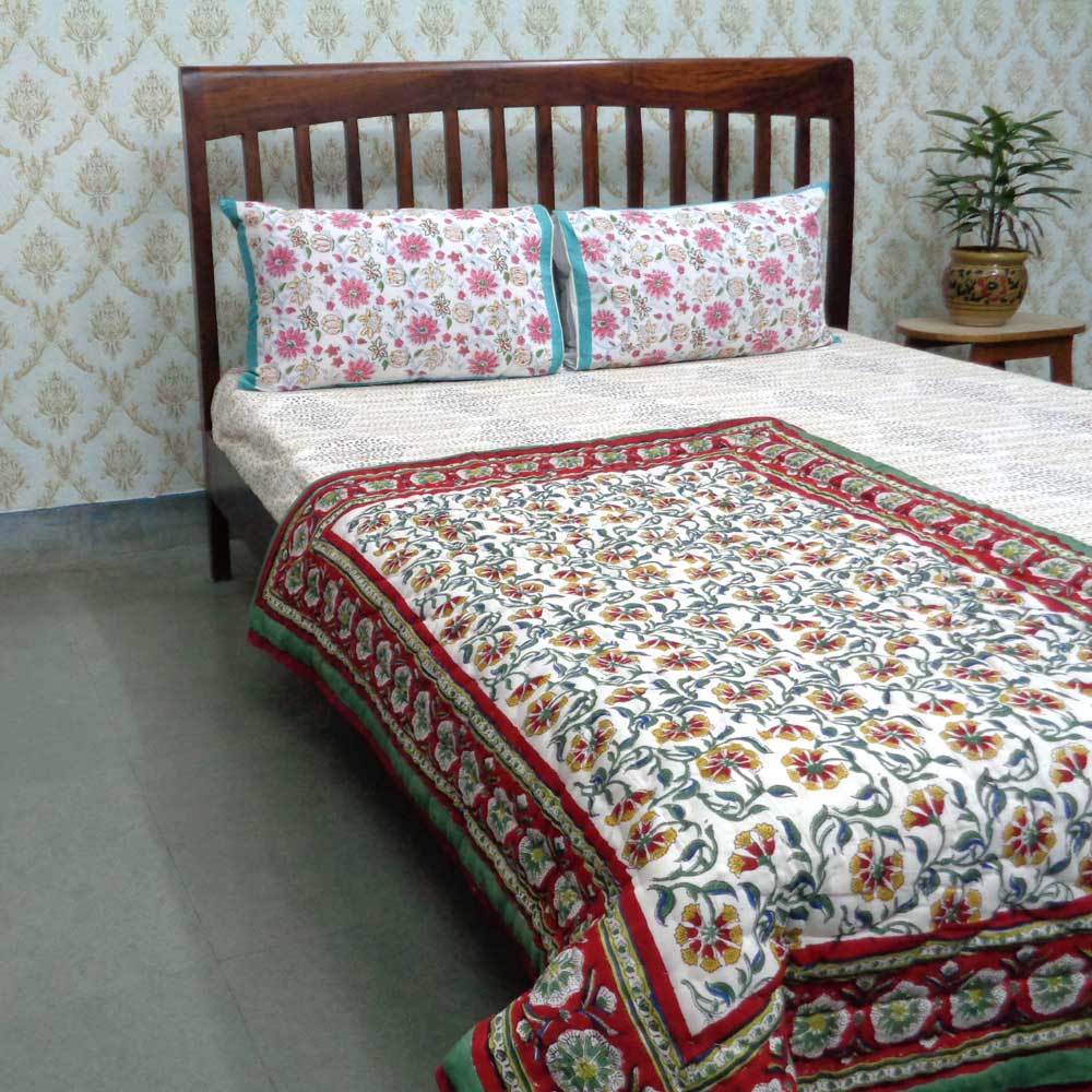 Hand Block Printed Baby Quilt 100x140 cm Jaipur Razai Chakri Green 104402