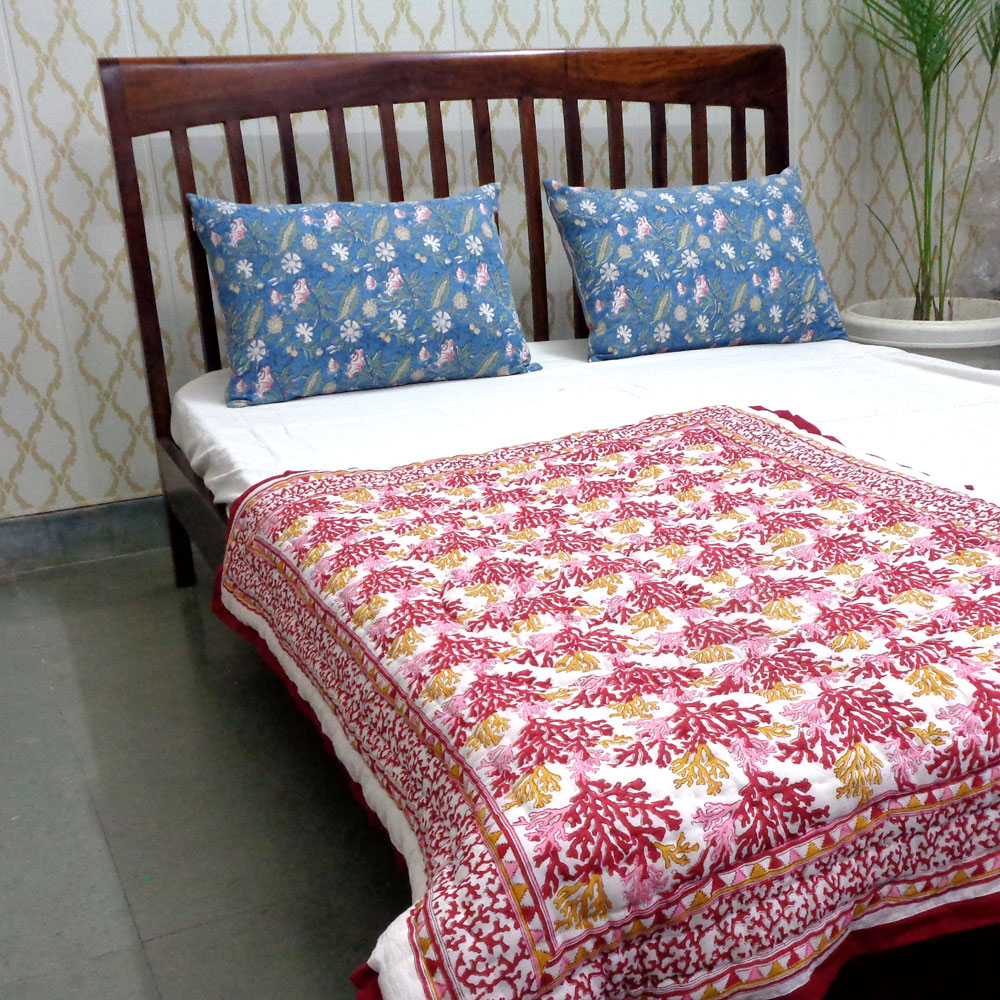 Hand Block Printed Baby Quilt 100x140 cm Jaipur Razai Coral Multi Red 701927