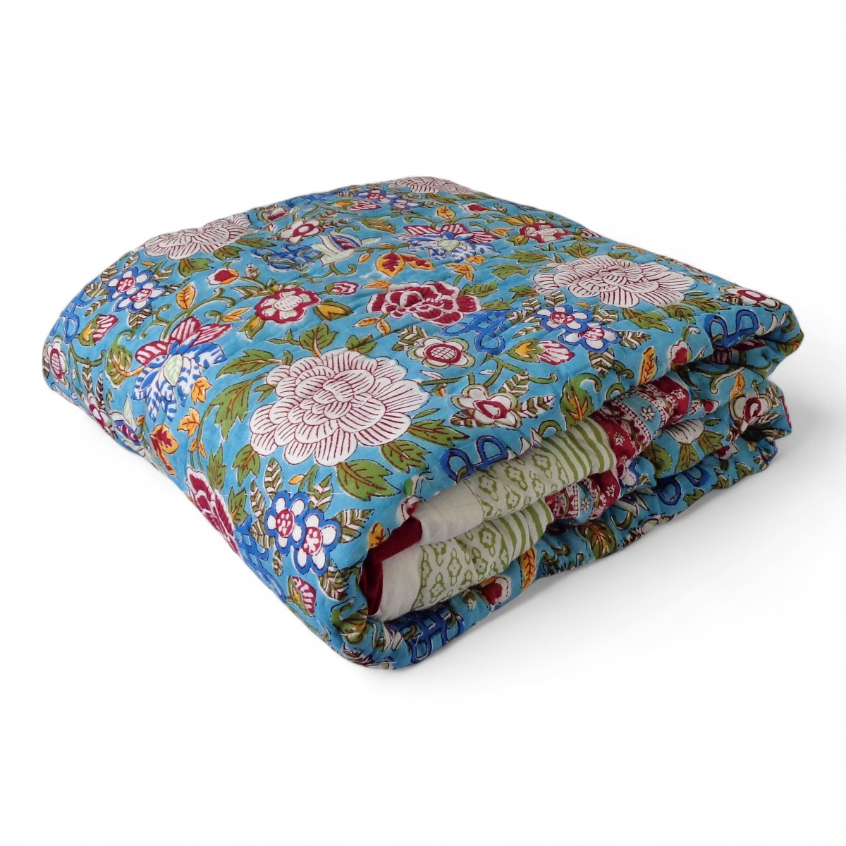 Hand Block Printed Baby Quilt  100x140 cm Jaipur Razai  Floral Canvas Blue Jade Gud 206865