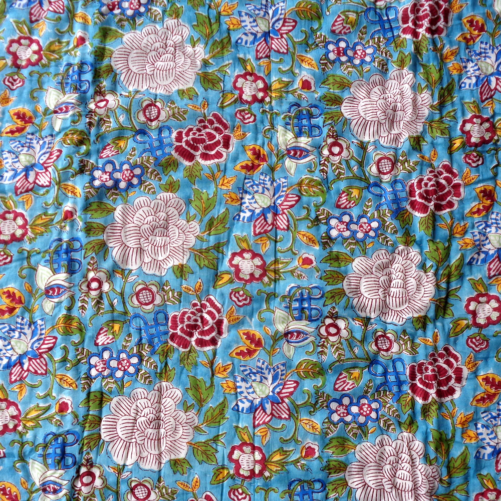 Hand Block Printed Baby Quilt  100x140 cm Jaipur Razai  Floral Canvas Blue Jade Gud 206865