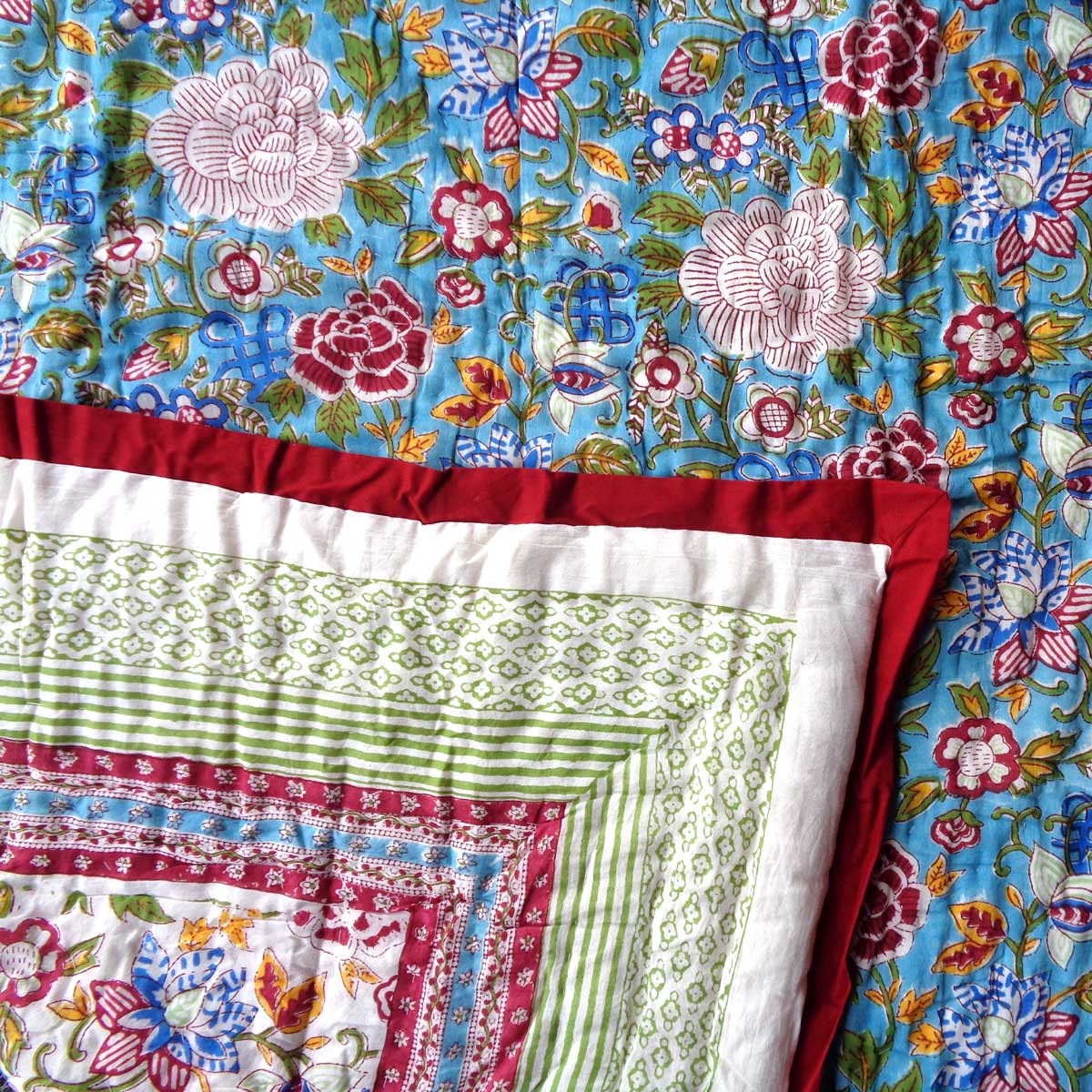 Hand Block Printed Baby Quilt  100x140 cm Jaipur Razai  Floral Canvas Blue Jade Gud 206865