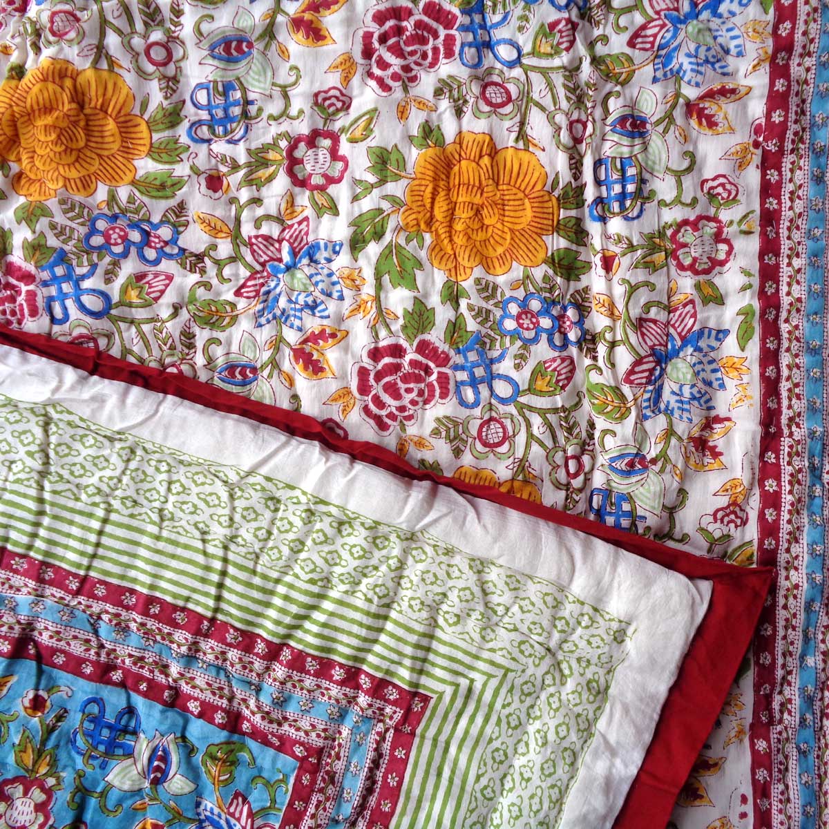 Hand Block Printed Baby Quilt  100x140 cm Jaipur Razai  Floral Canvas Blue Jade Gud 206865