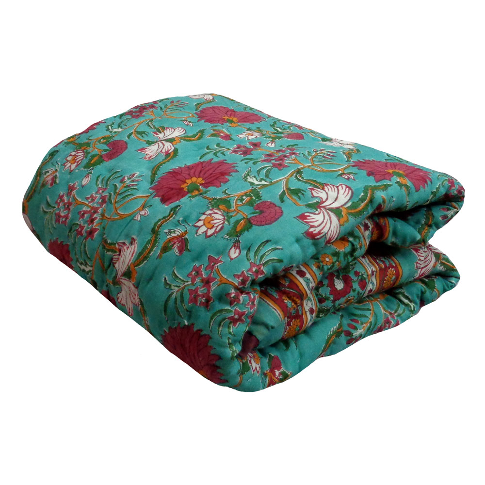 Hand Block Printed Baby Quilt 100x140 cm Jaipur Razai Flower Blossom Jade Gud 104415