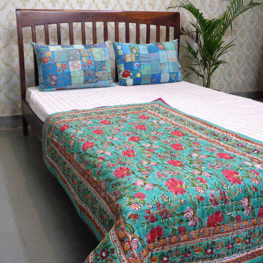 Hand Block Printed Baby Quilt 100x140 cm Jaipur Razai Flower Blossom Jade Gud 104415