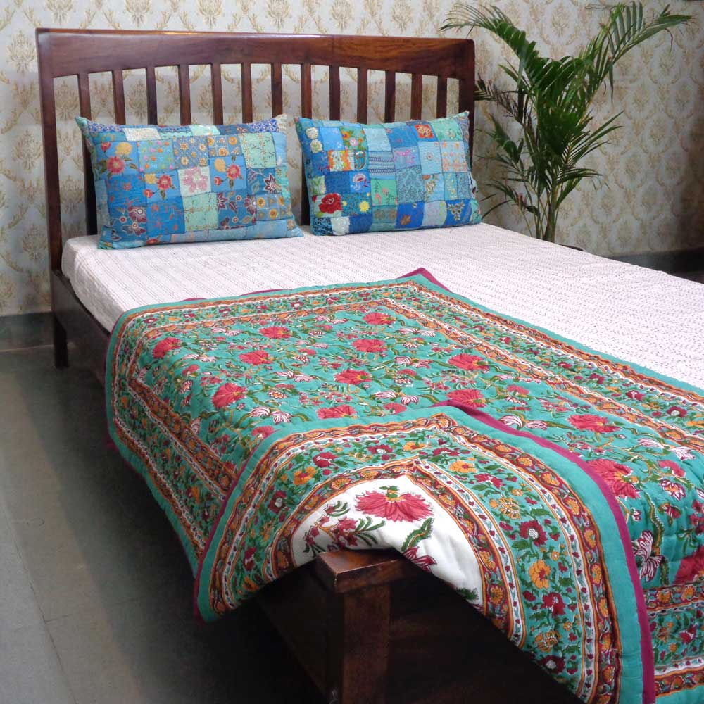 Hand Block Printed Baby Quilt 100x140 cm Jaipur Razai Flower Blossom Jade Gud 104415