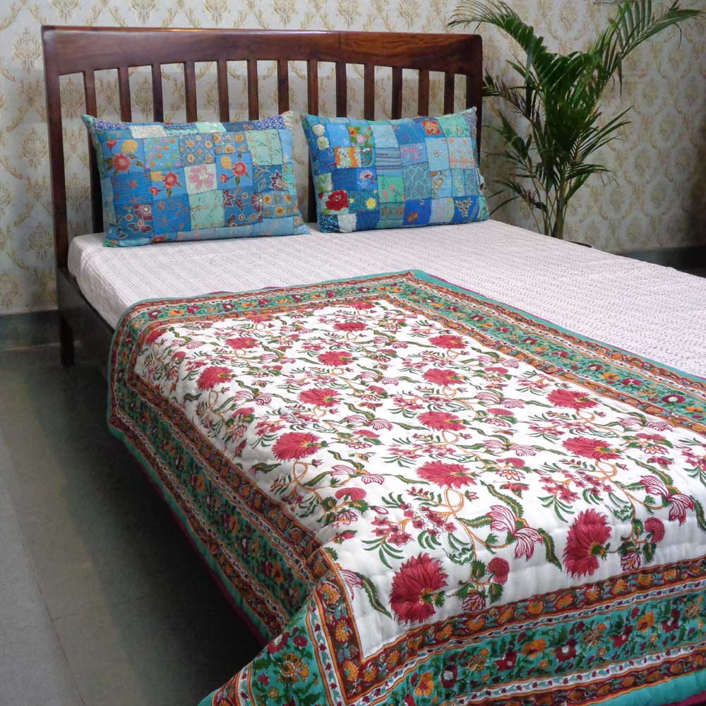 Hand Block Printed Baby Quilt 100x140 cm Jaipur Razai Flower Blossom Jade Gud 104415