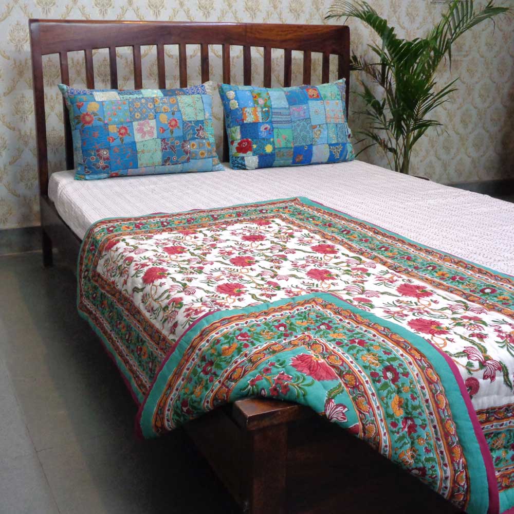 Hand Block Printed Baby Quilt 100x140 cm Jaipur Razai Flower Blossom Jade Gud 104415