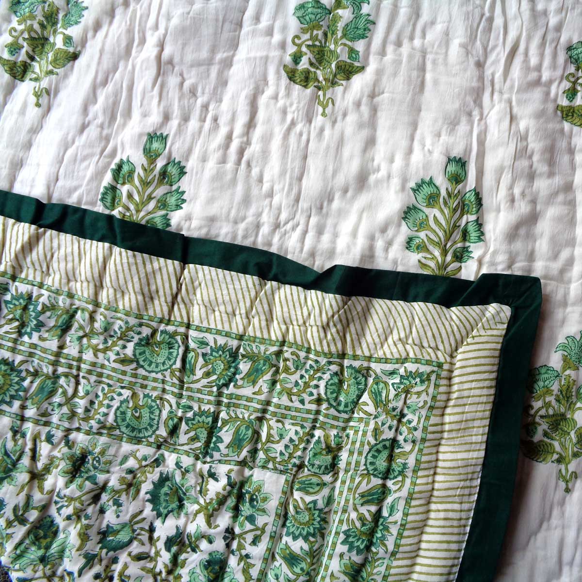 Hand Block Printed Baby Quilt 100x140 cm Jaipur Razai Hari Bagia Jaal 605170