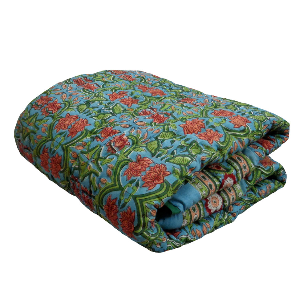 Hand Block Printed Baby Quilt  100x140 cm Jaipur Razai  Lotus Green 104425