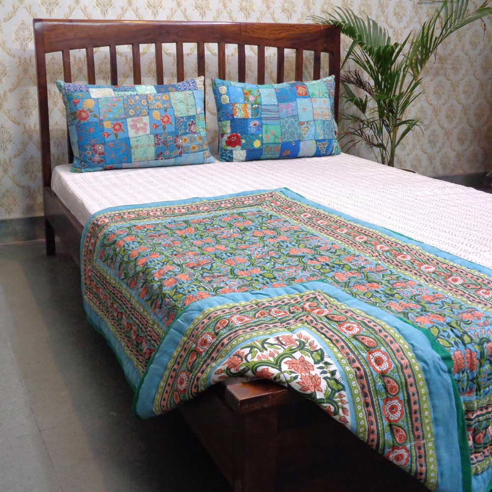 Hand Block Printed Baby Quilt  100x140 cm Jaipur Razai  Lotus Green 104425