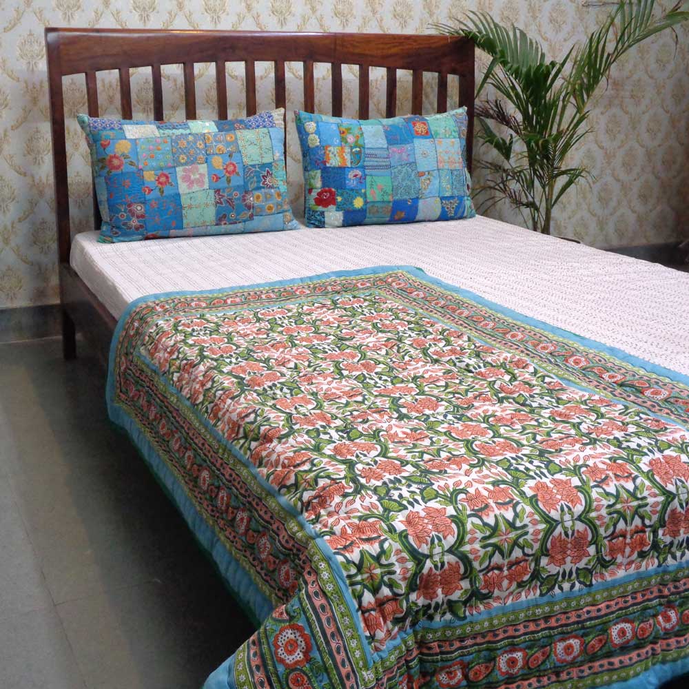 Hand Block Printed Baby Quilt  100x140 cm Jaipur Razai  Lotus Green 104425