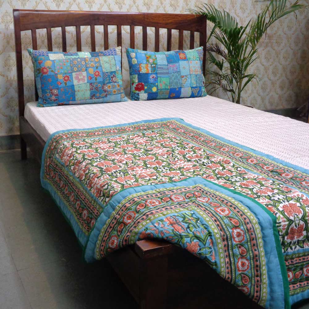 Hand Block Printed Baby Quilt  100x140 cm Jaipur Razai  Lotus Green 104425