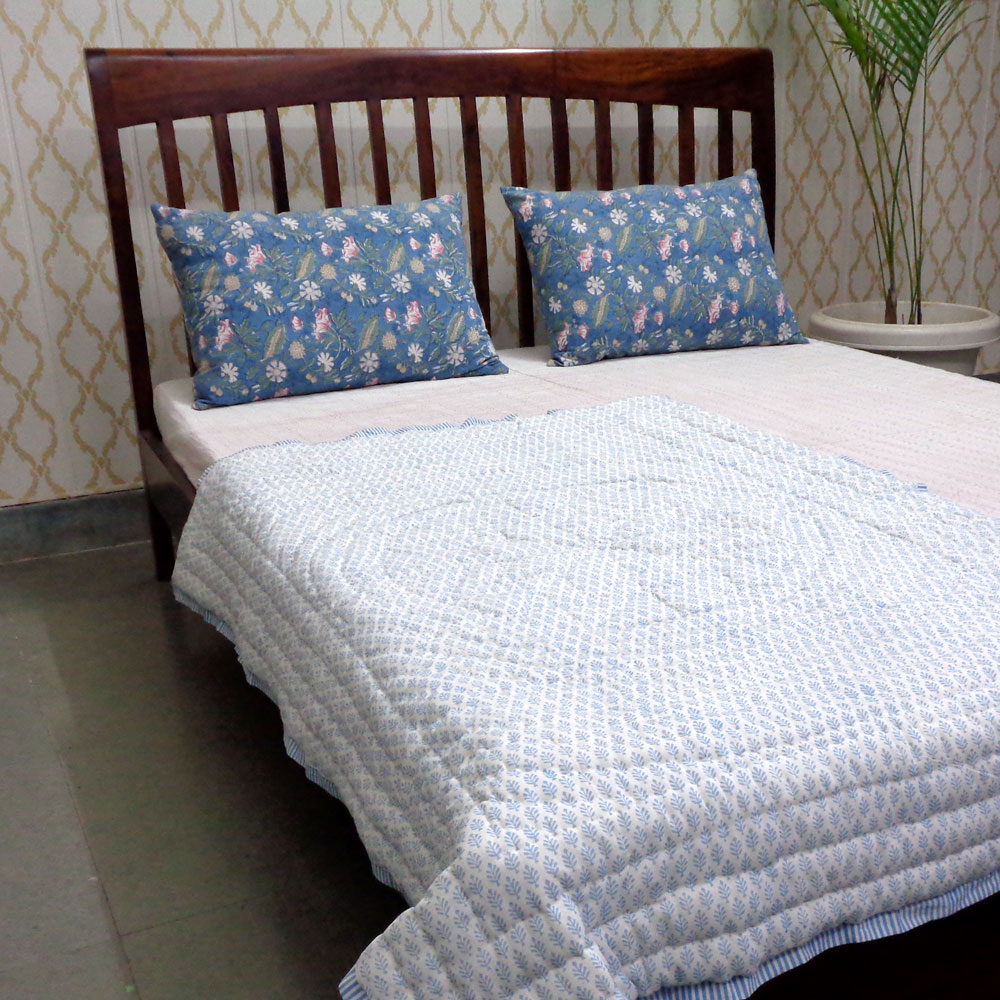 Baby Quilt for Toddler Hand Block Printed Cotton Quilt  Neem Booti Blue 207699