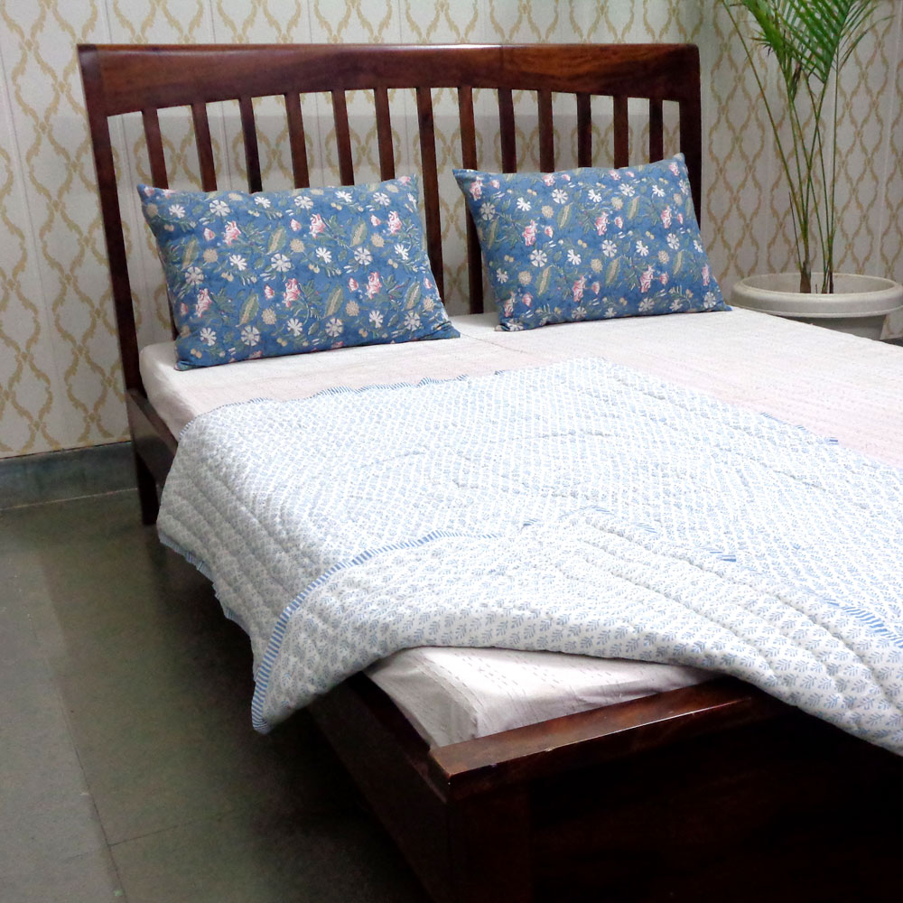 Baby Quilt for Toddler Hand Block Printed Cotton Quilt  Neem Booti Blue 207699