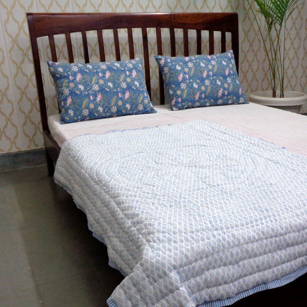 Baby Quilt for Toddler Hand Block Printed Cotton Quilt  Neem Booti Blue 207699