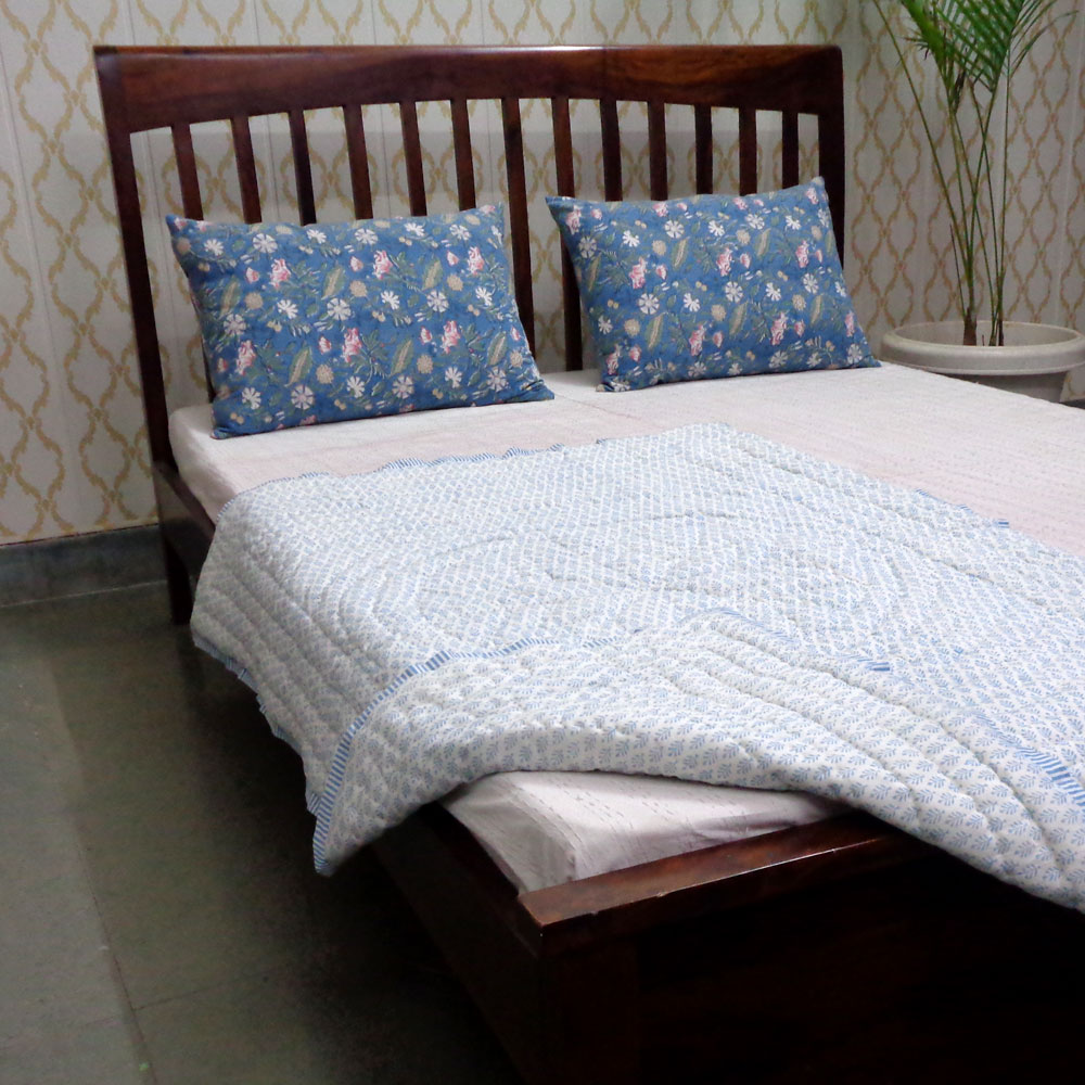 Baby Quilt for Toddler Hand Block Printed Cotton Quilt  Neem Booti Blue 207699
