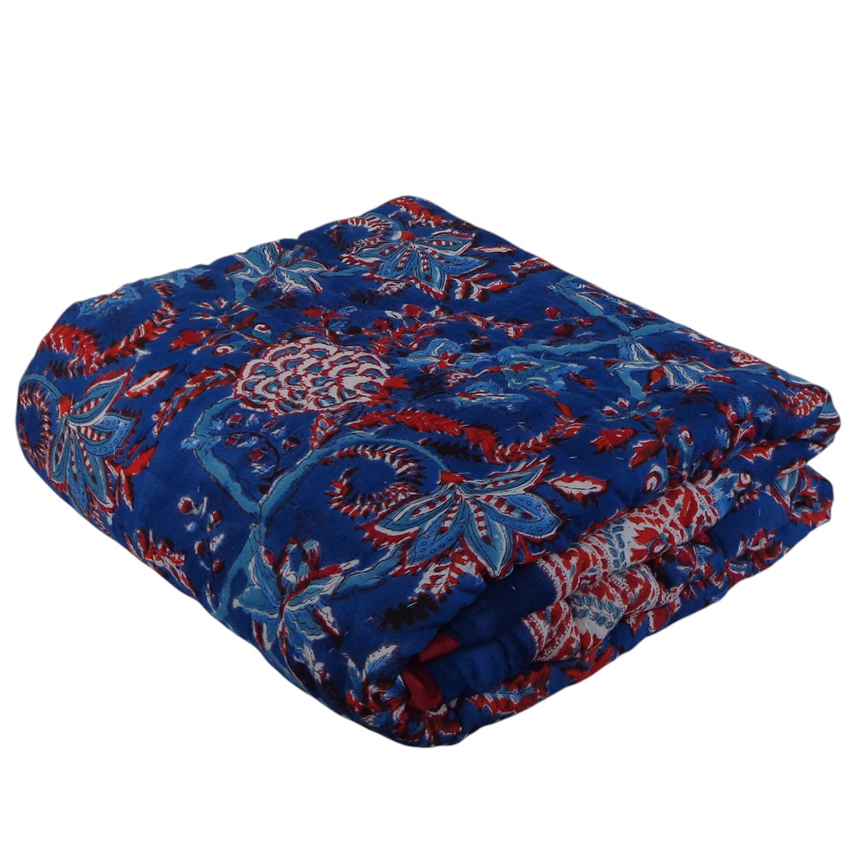 Hand Block Printed Baby Quilt Jaipur Razai  New Dark Blue Flower 504650