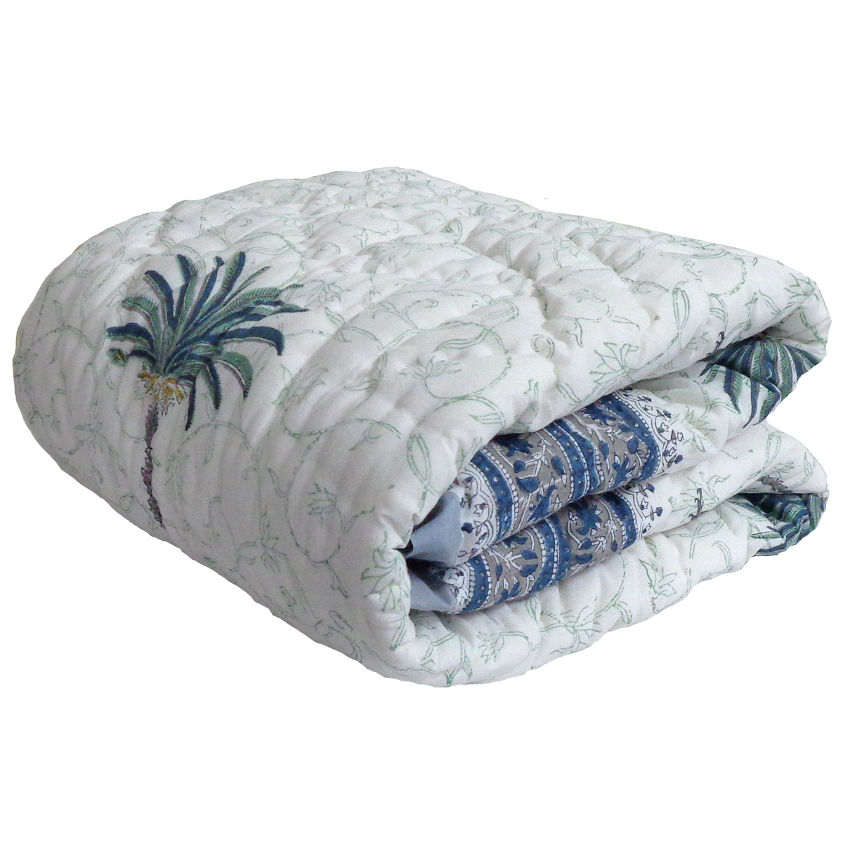 Hand Block Printed Baby Quilt 100x140 cm Jaipur Razai Palm Tree Blue 203492