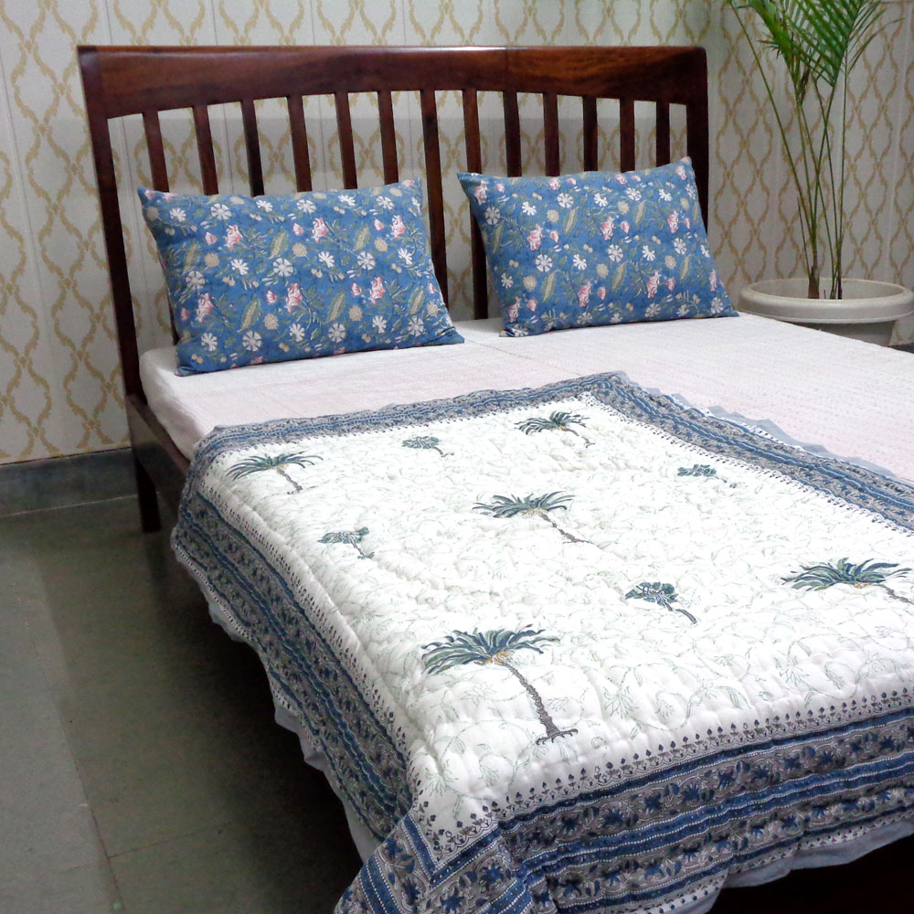 Hand Block Printed Baby Quilt 100x140 cm Jaipur Razai Palm Tree Blue 203492