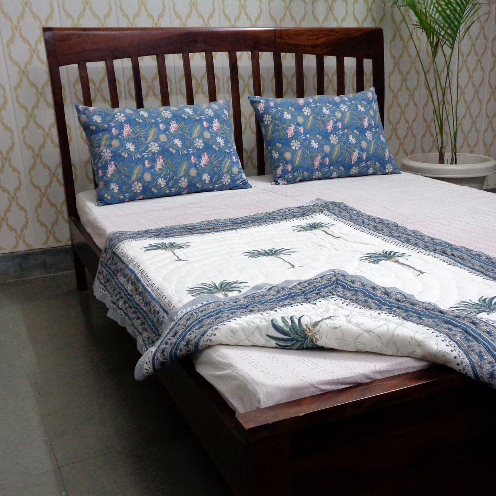Hand Block Printed Baby Quilt 100x140 cm Jaipur Razai Palm Tree Blue 203606
