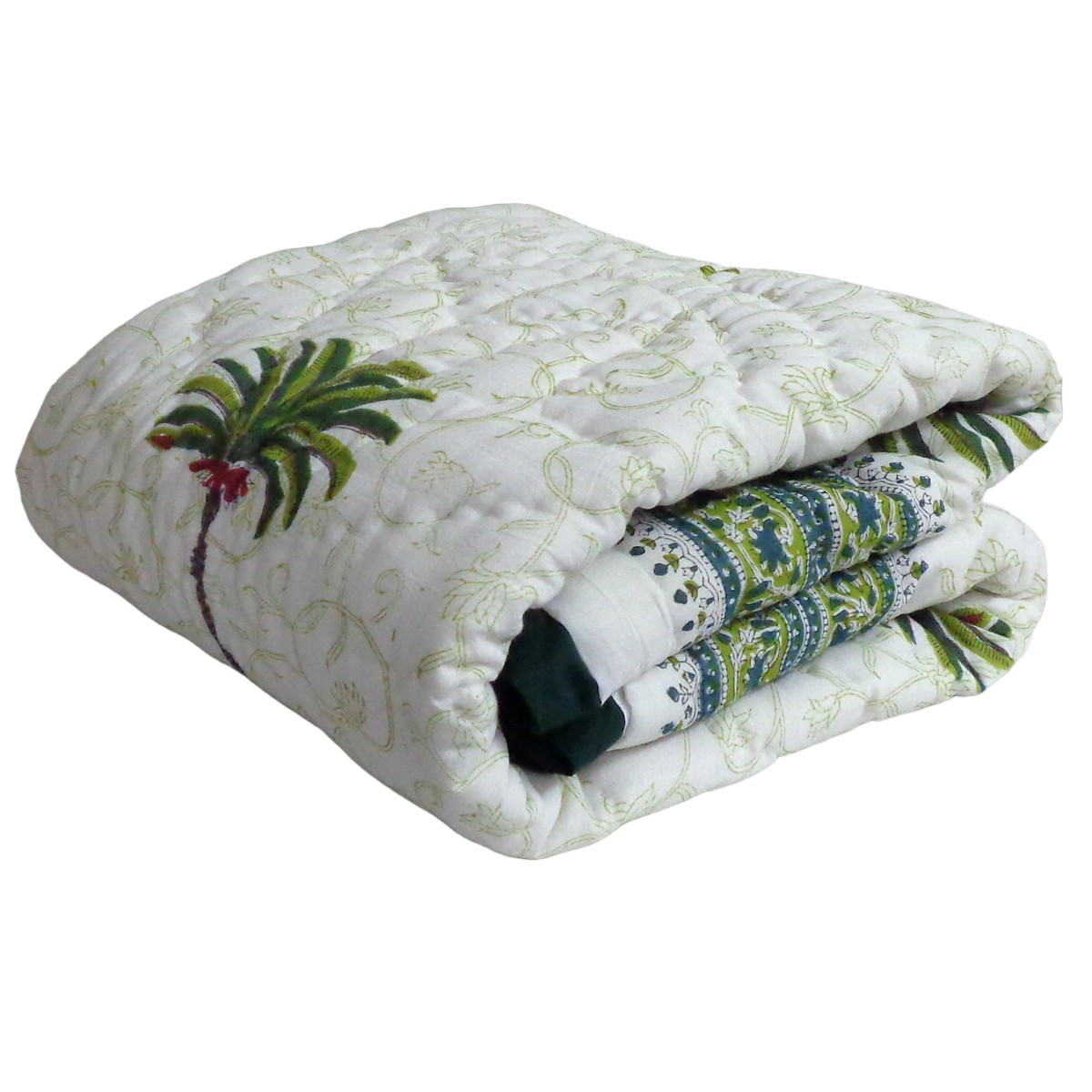 Hand Block Printed Baby Quilt 100x140 cm Jaipur Razai Palm Tree Green 109024