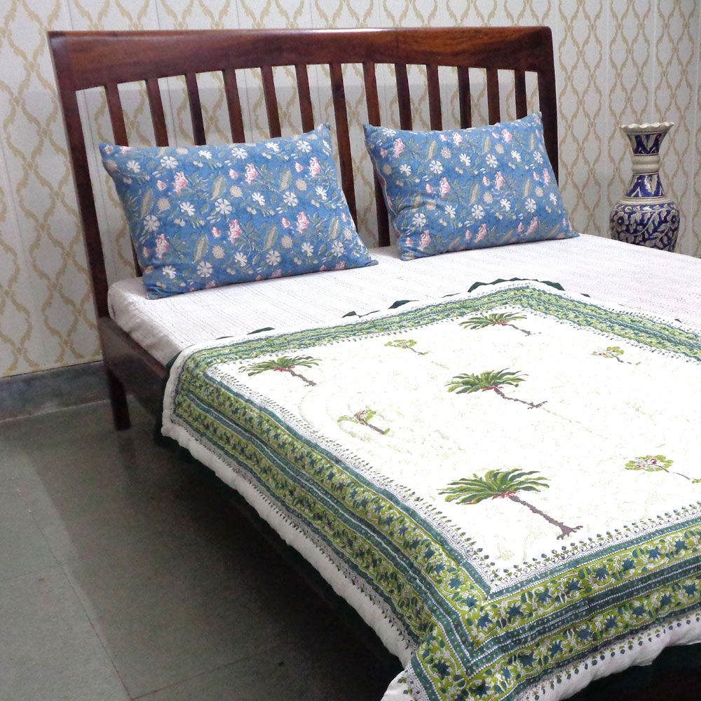 Hand Block Printed Baby Quilt 100x140 cm Jaipur Razai Palm Tree Green 109024