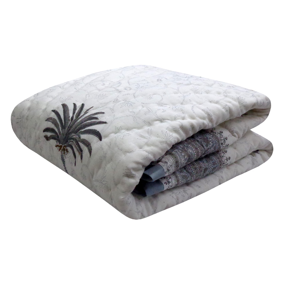 Hand Block Printed Baby Quilt  100x140 cm Jaipur Razai  Palm Tree Grey 203495