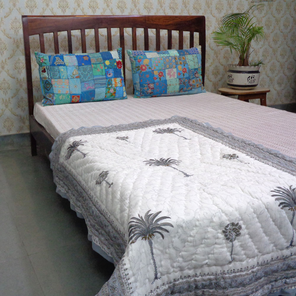 Hand Block Printed Baby Quilt 100x140 cm Jaipur Razai Palm Tree Grey 203495