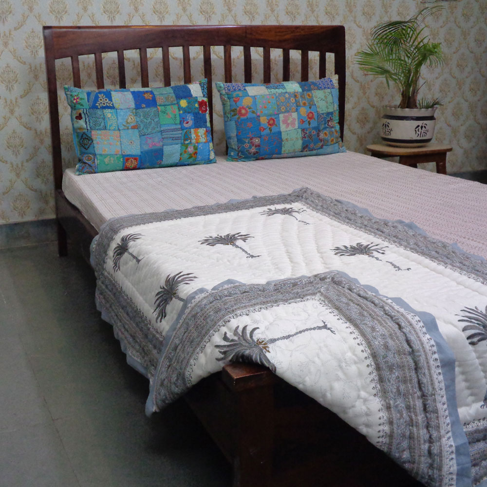 Hand Block Printed Baby Quilt  100x140 cm Jaipur Razai  Palm Tree Grey 203495
