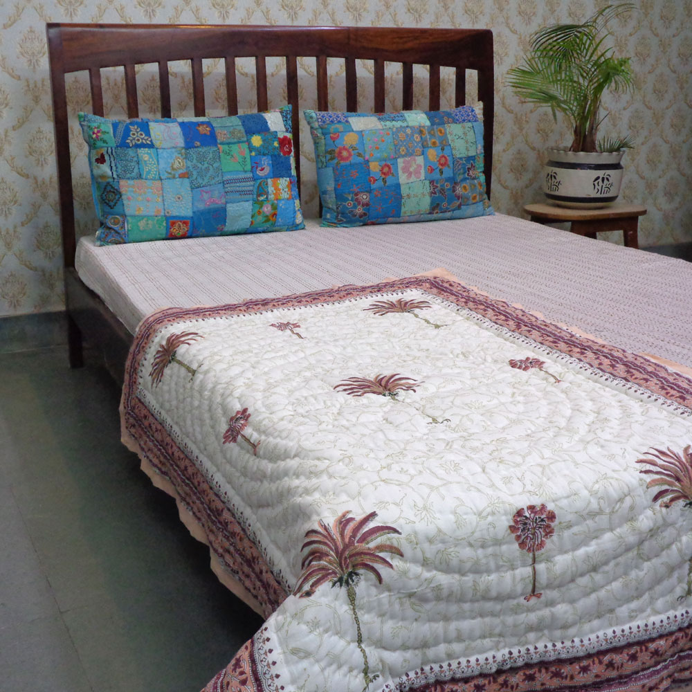Hand Block Printed Baby Quilt  100x140 cm Jaipur Razai  Palm Tree Pink 203488