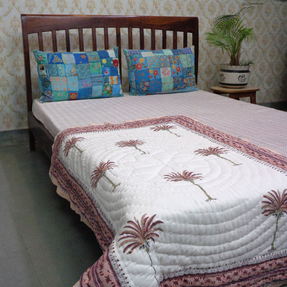 Hand Block Printed Baby Quilt  100x140 cm Jaipur Razai  Palm Tree Pink 203488