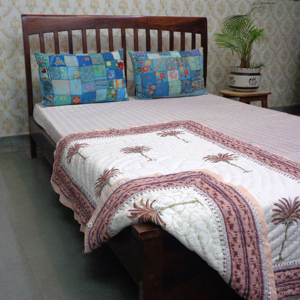 Hand Block Printed Baby Quilt  100x140 cm Jaipur Razai  Palm Tree Pink 203488