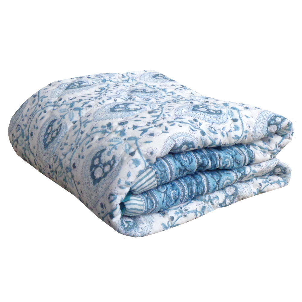 Hand Block Printed Baby Quilt 100x140 cm Jaipur Razai Pan Leaf Blue 309622