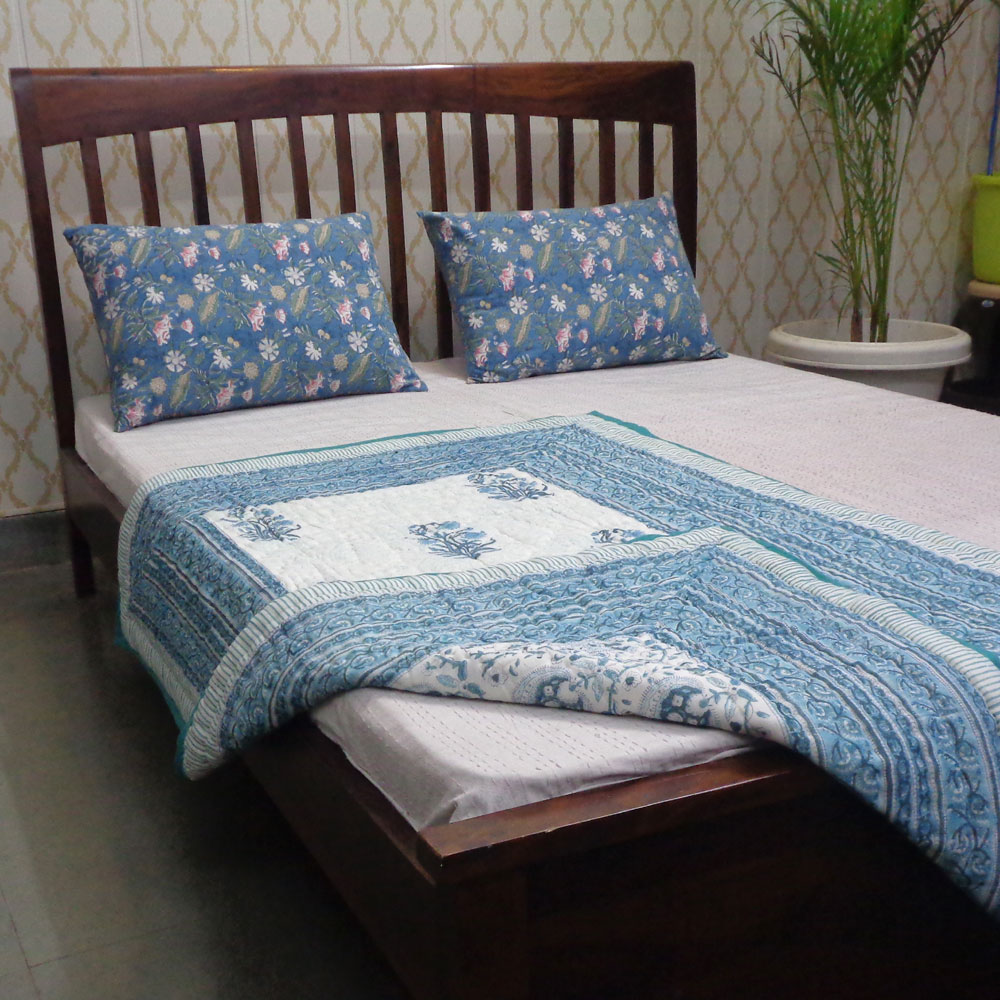 Hand Block Printed Baby Quilt 100x140 cm Jaipur Razai Pan Leaf Blue 309622