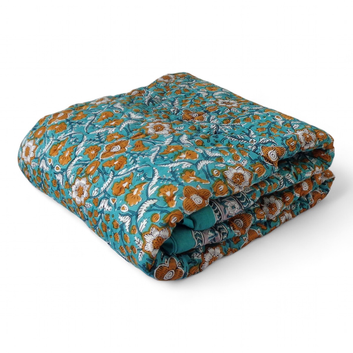 Hand Block Printed Baby Quilt 100x140 cm Jaipur Razai Phulwari Blue Tint 700651