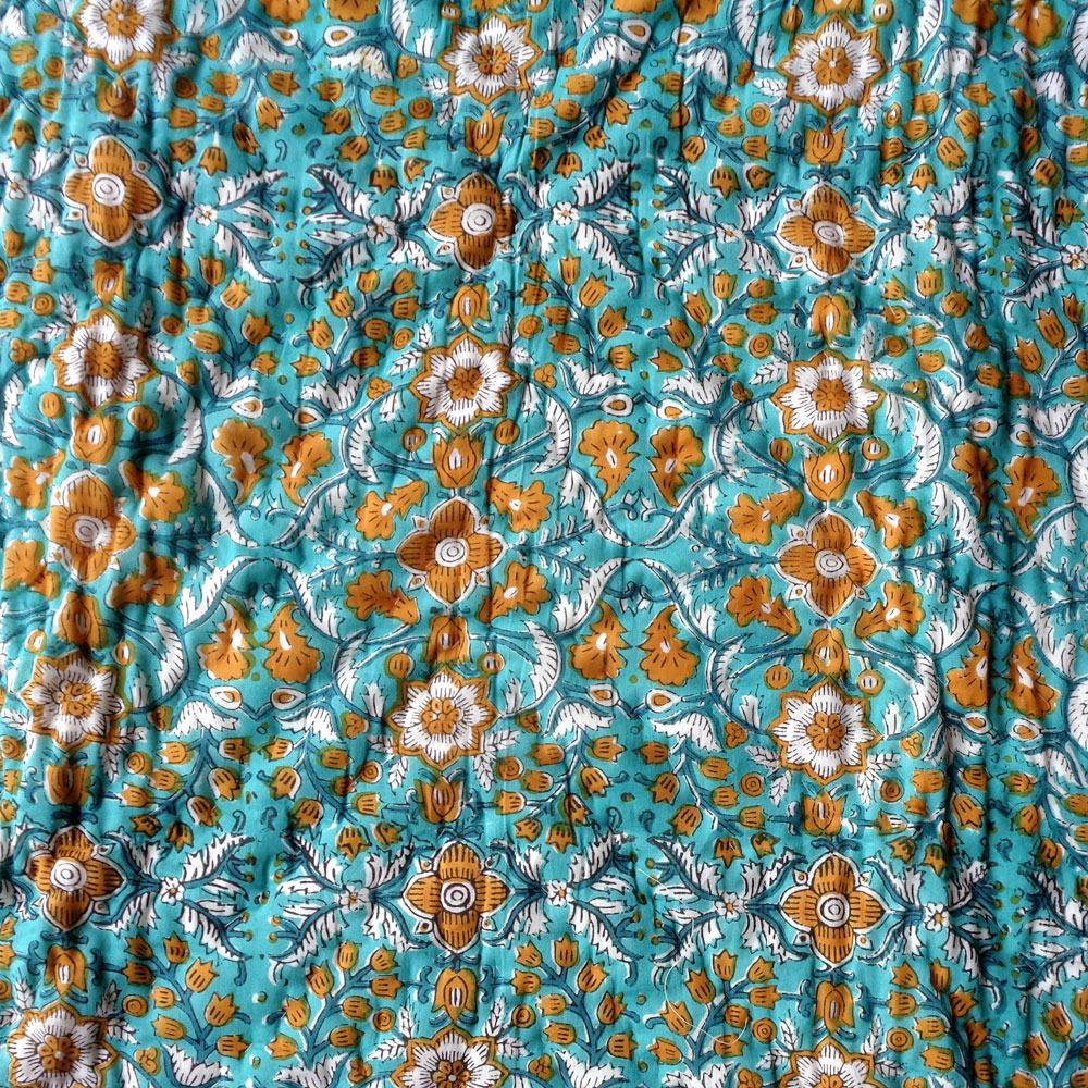 Hand Block Printed Baby Quilt 100x140 cm Jaipur Razai Phulwari Blue Tint 700651
