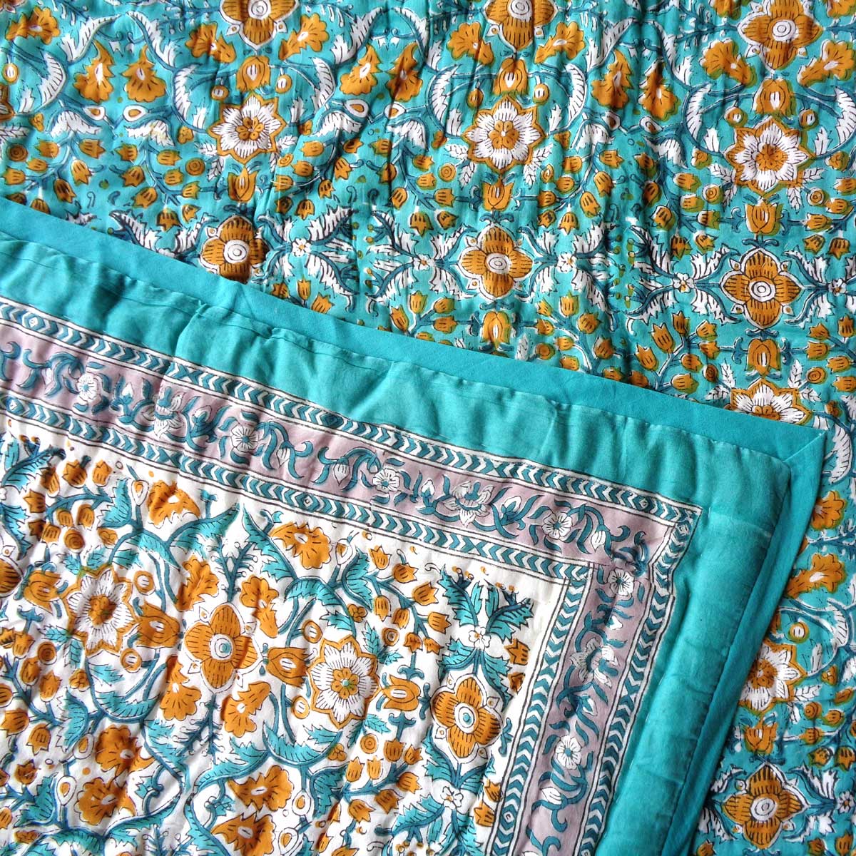 Hand Block Printed Baby Quilt 100x140 cm Jaipur Razai Phulwari Blue Tint 700651