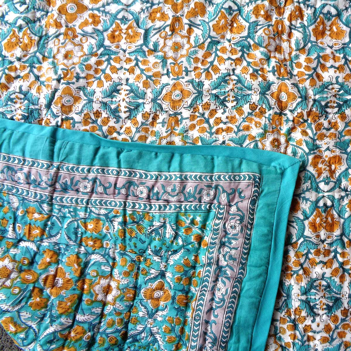 Hand Block Printed Baby Quilt 100x140 cm Jaipur Razai Phulwari Blue Tint 700651