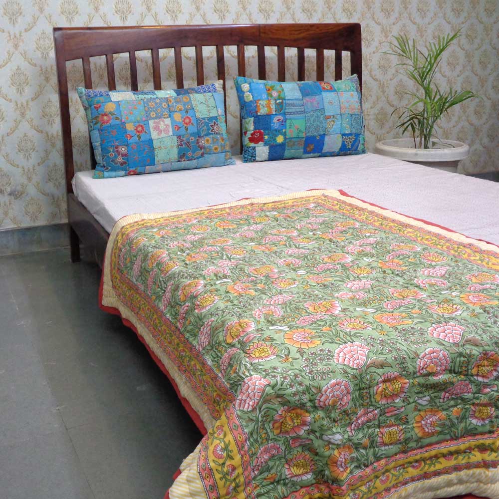 Hand Block Printed Baby Quilt 100x140 cm Jaipur Razai Reshma Sea Green 206148