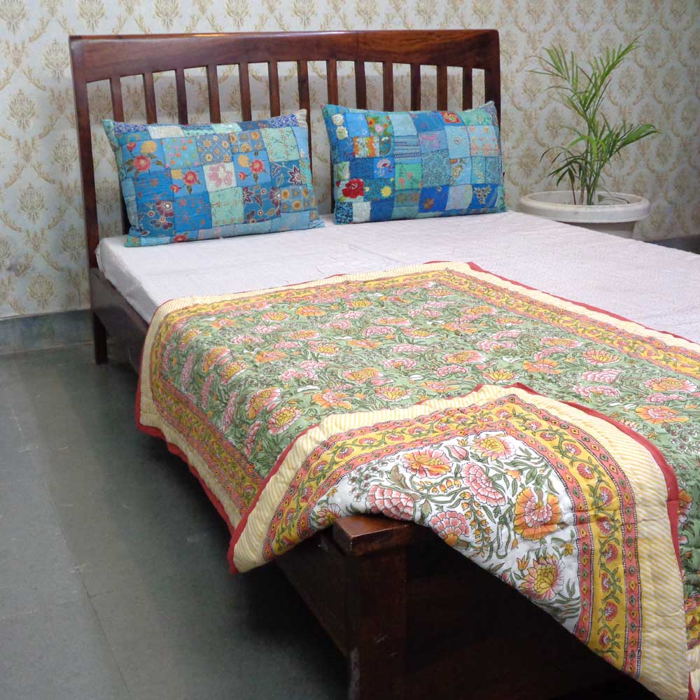 Hand Block Printed Baby Quilt 100x140 cm Jaipur Razai Reshma Sea Green 206148