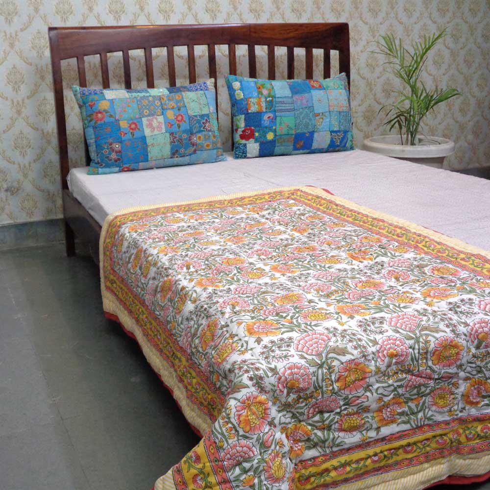 Hand Block Printed Baby Quilt 100x140 cm Jaipur Razai Reshma Sea Green 206148