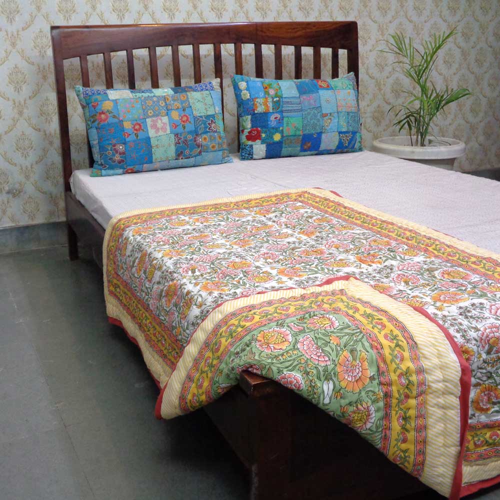 Hand Block Printed Baby Quilt 100x140 cm Jaipur Razai Reshma Sea Green 206148