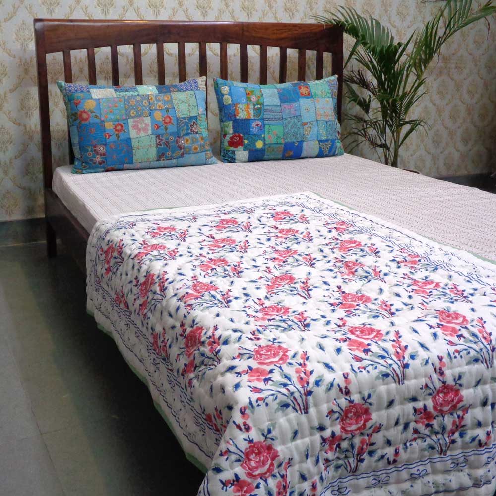 Hand Block Printed Baby Quilt 100x140 cm Jaipur Razai Roseline Pink 108751